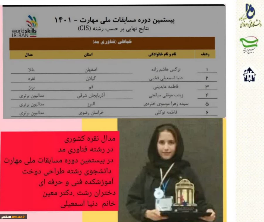 کسب مقام دوم کشوری دانشجوی آموزشکده فنی و حرفه ای دختران رشت .دکتر معین در رشته فناوری مد و لباس بیستمین دوره مسابقات ملی مهارت 2