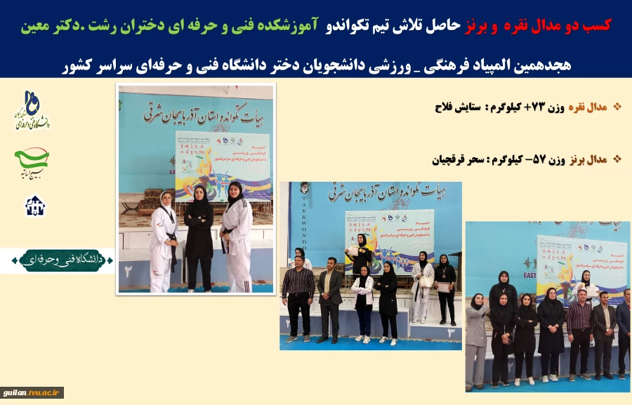کسب دو مدال نقره  و برنز آموزشکده فنی و حرفه ای دختران رشت .دکتر معین هجدهمین المپیاد فرهنگی _ ورزشی دانشجویان دختر دانشگاه فنی و حرفه‌ای سراسر کشور 2