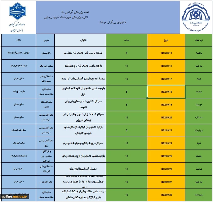 برنامه ی برگزاری سلسله سمینارهای هفته پژوهش در آموزشکده ملی مهارت شهید رجایی لاهیجان -آذر 1403 2